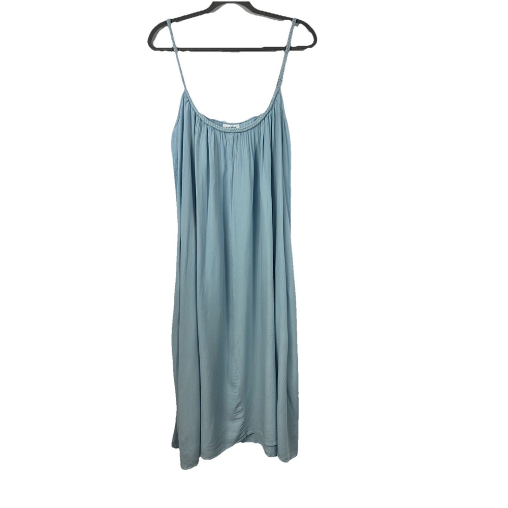 HIHO Tortola Sky Blue Braided Maxi Dress L Coastal Boho‎ Resort Crinkled Rayon